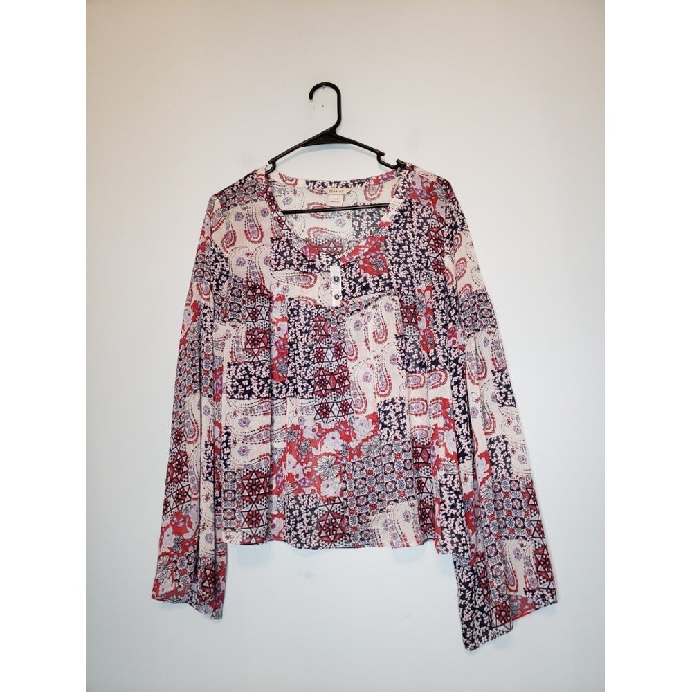 Ariat Womens L Top Red Patchwork Flowy Boho Paisley Floral Western Peasant Sheer